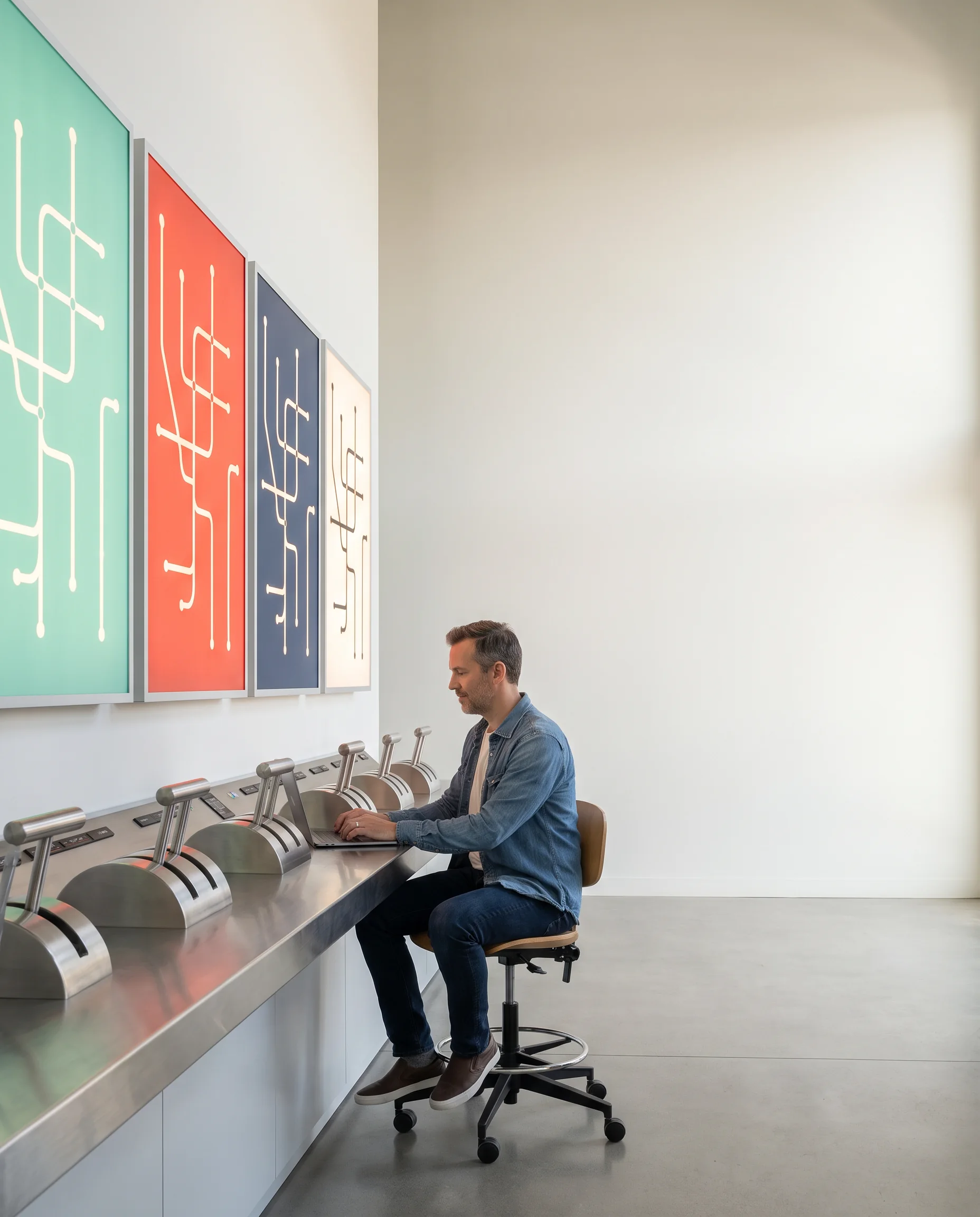 Person working beneath a large board