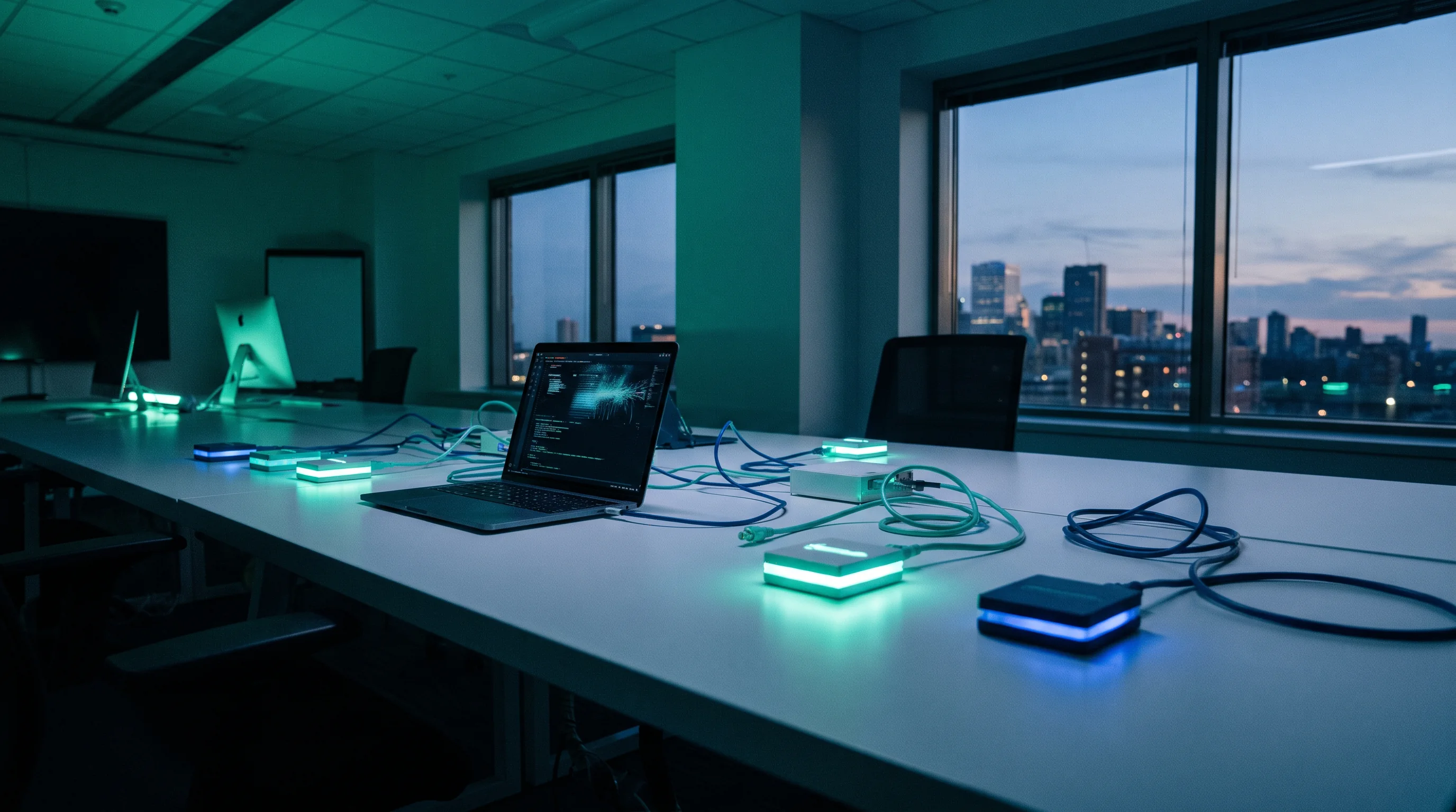 A desk with laptops and turquoise lighting at dusk