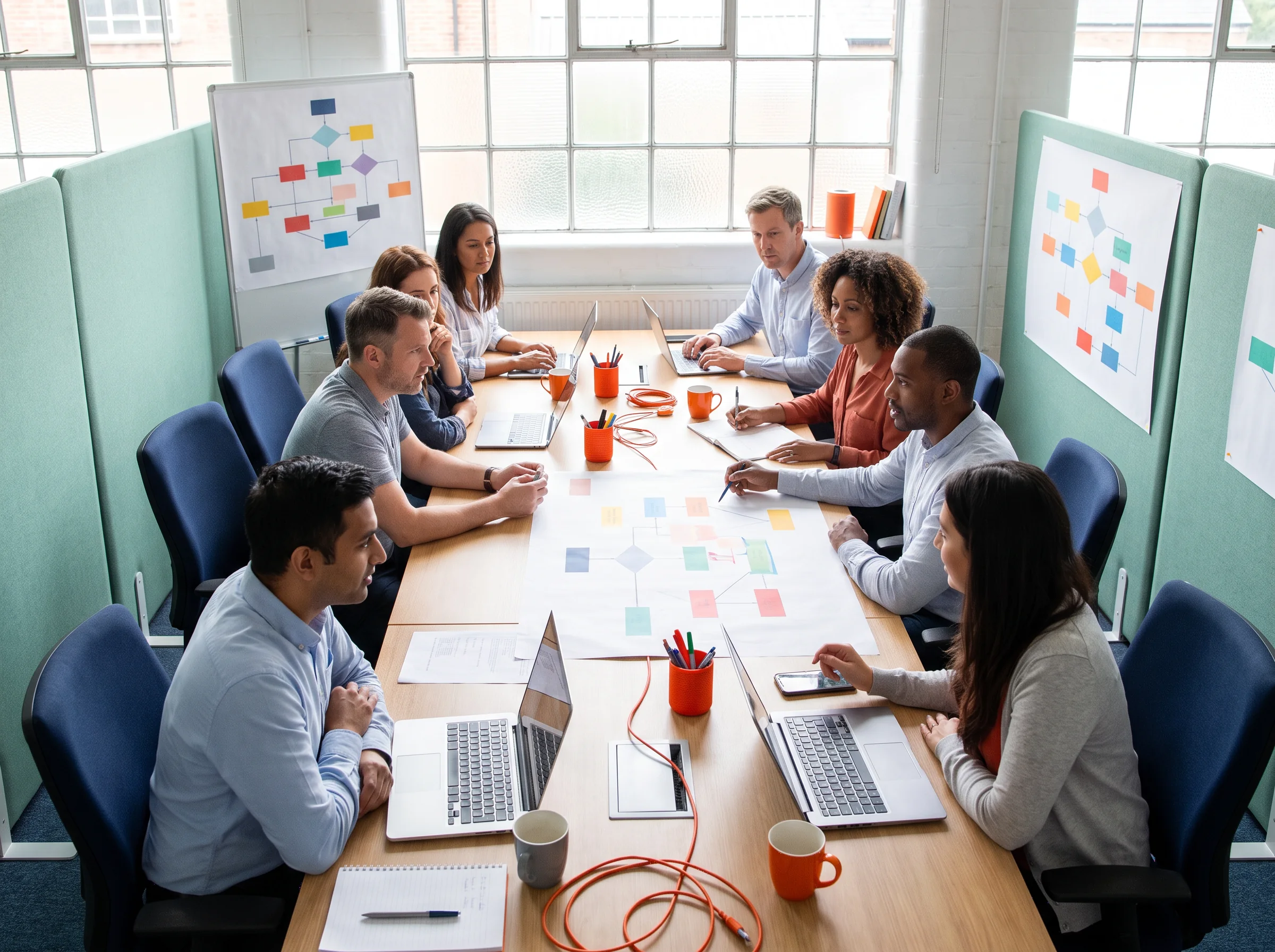 Group reviewing work around a table