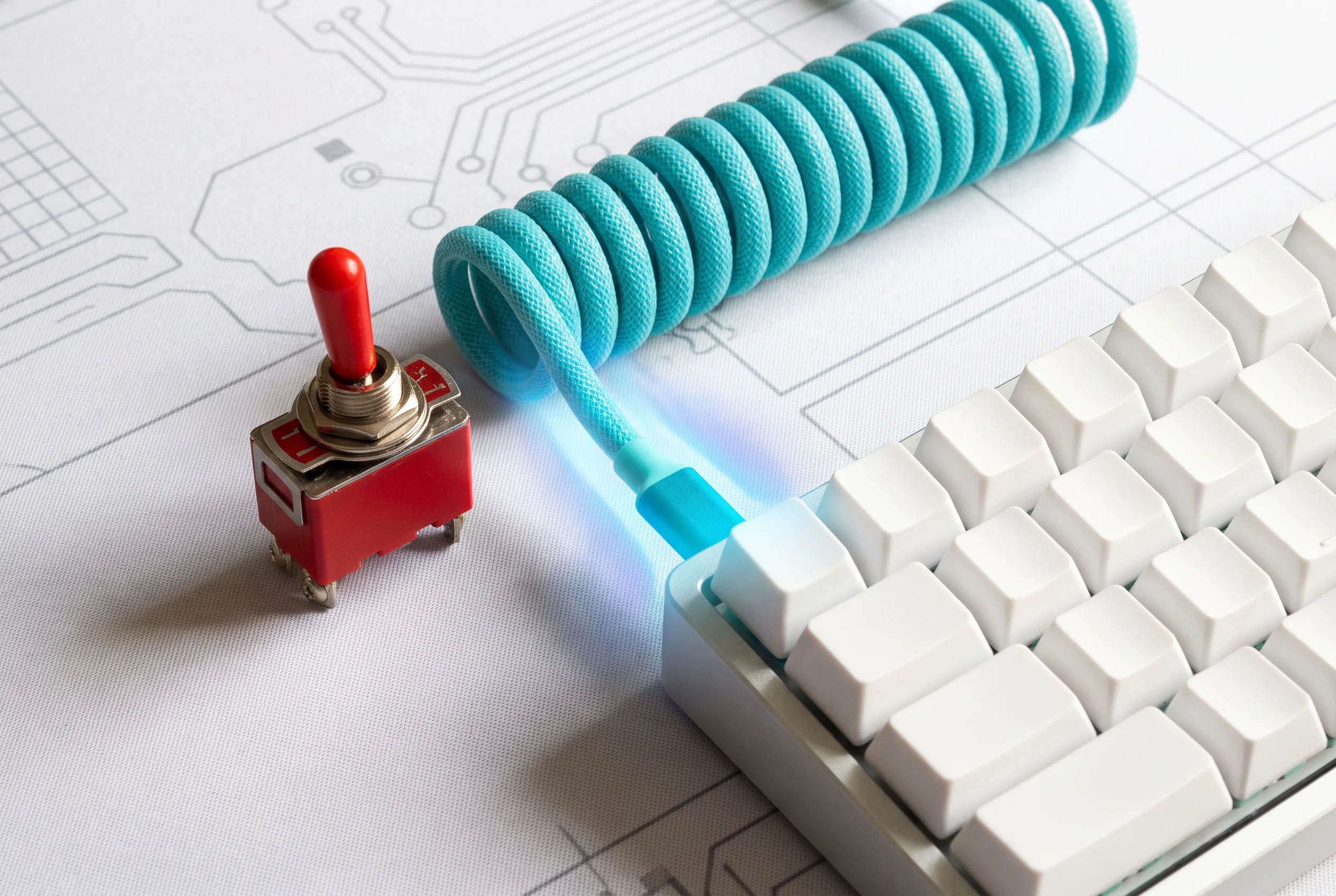 A keyboard and red control connected by a turquoise cable