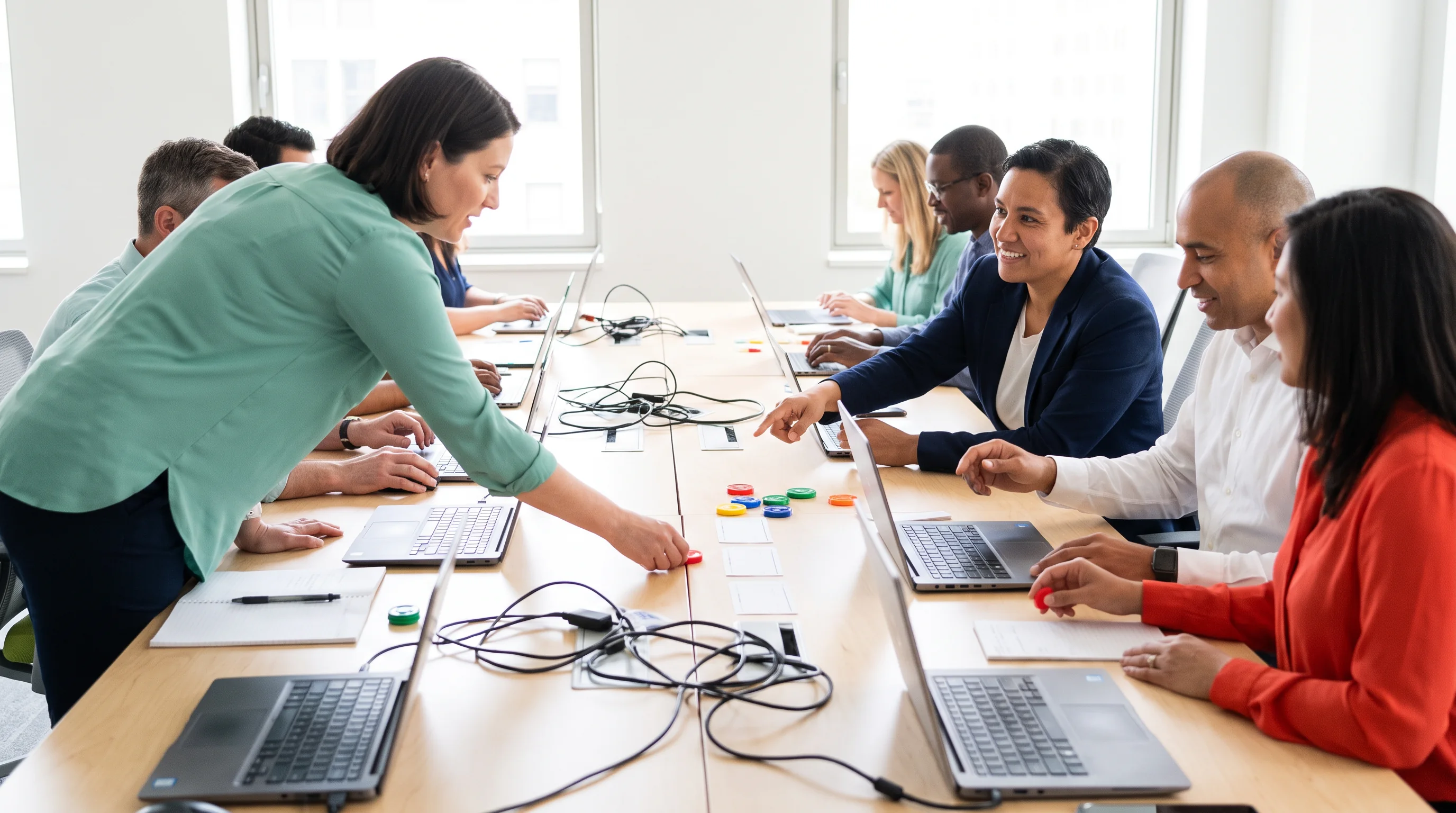 Group working around laptops with cables