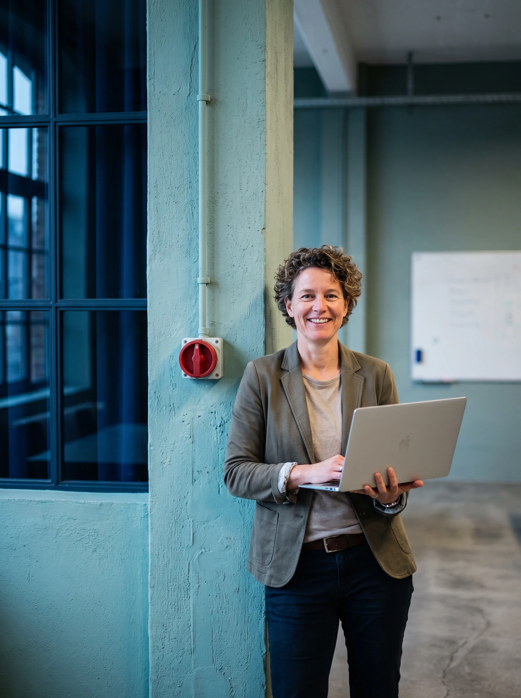 Person holding a laptop beside a network cabinet