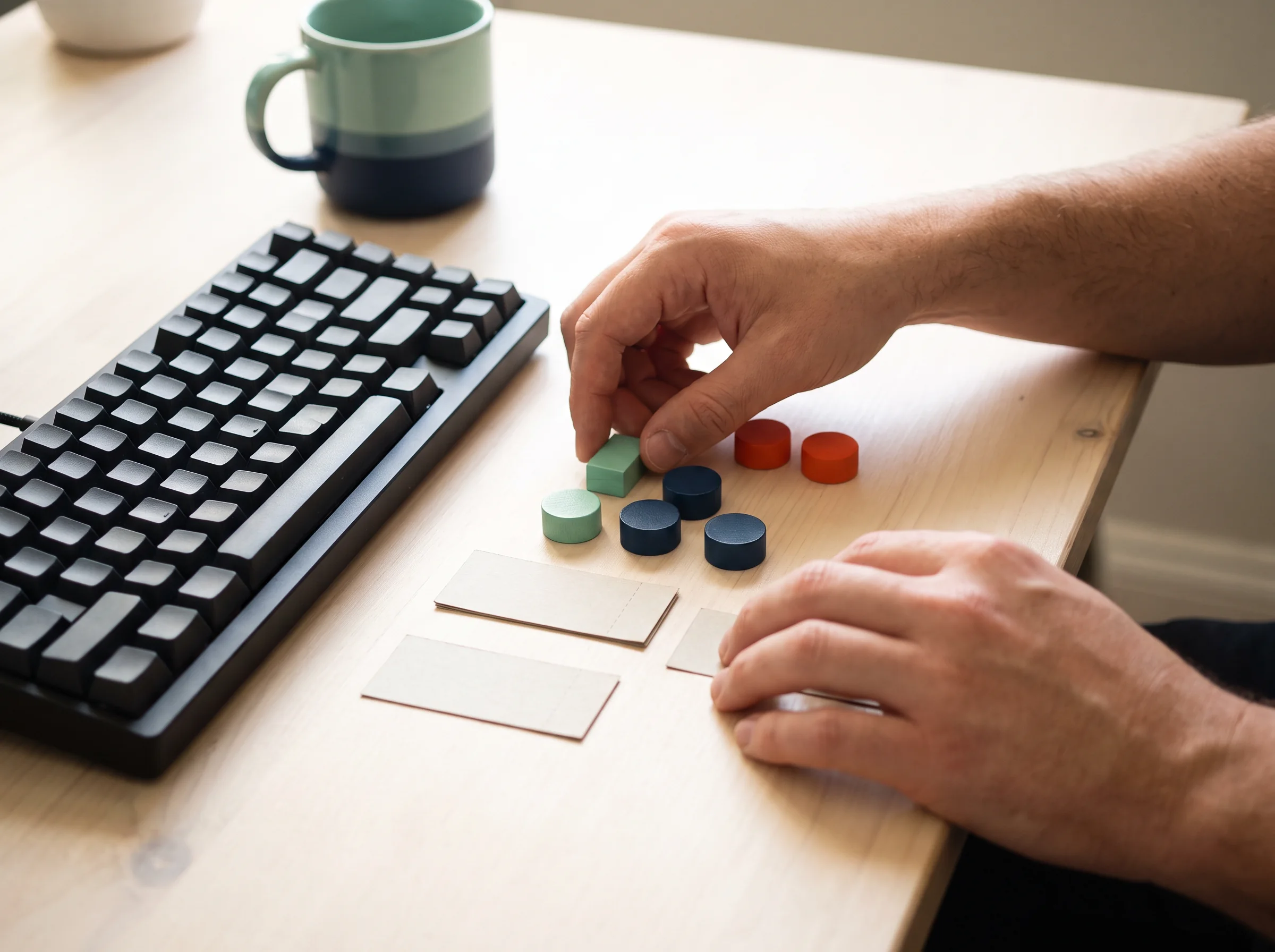 Hands arranging colored markers on a desk near a keyboard