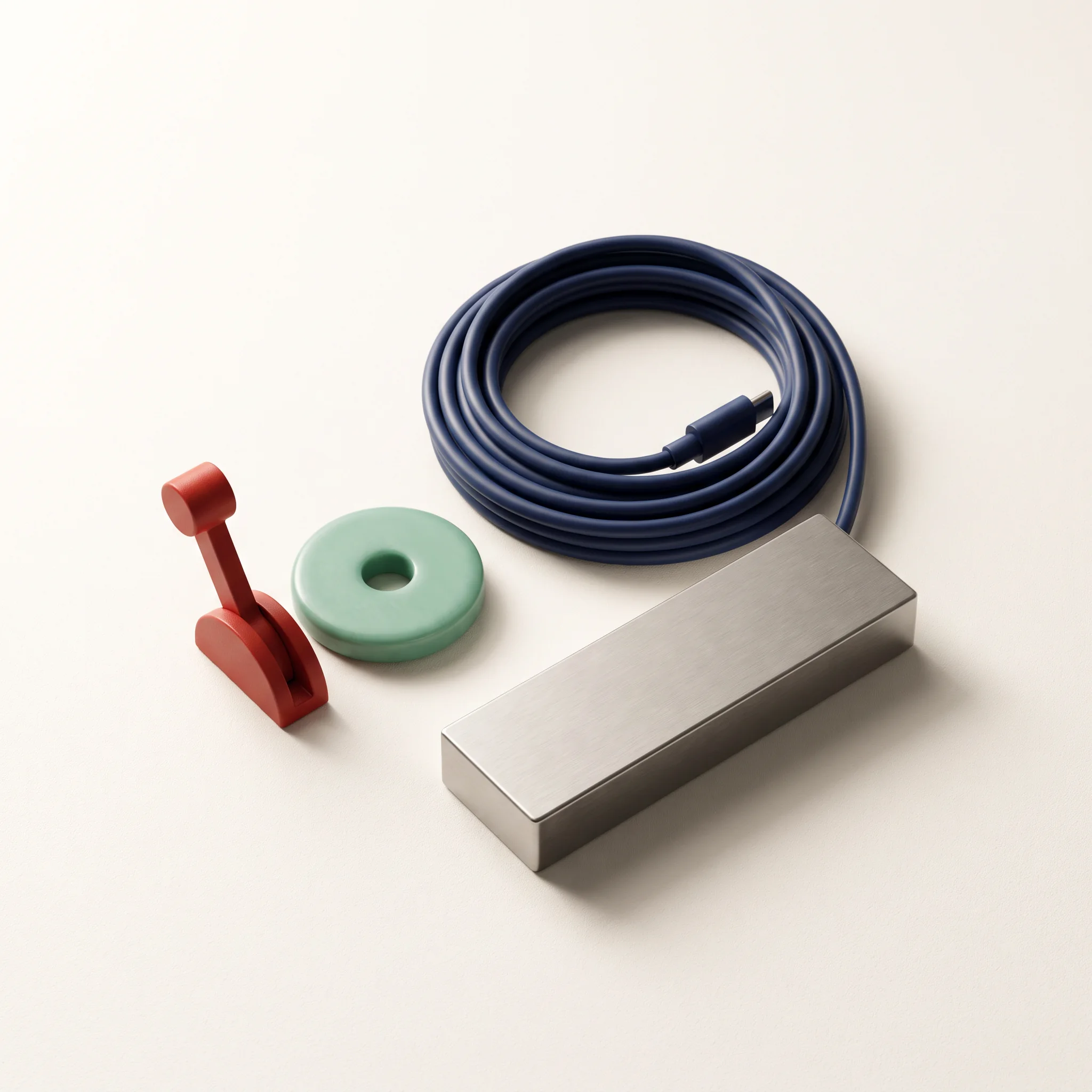 Coiled black cable and small geometric components